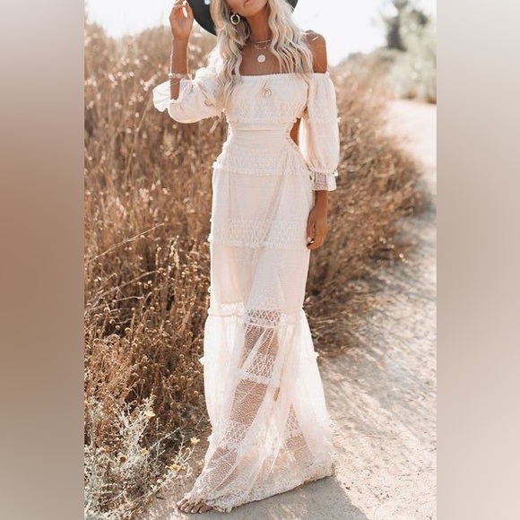 Skylar Rose Dresses & Skirts - NWT Skylar Rose Off The Shoulder Open Back Boho Tiered Lace Maxi Dress Cream M
